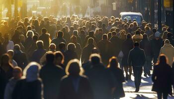 multitud de personas caminando ocupado ciudad calle retroiluminado generativo ai foto