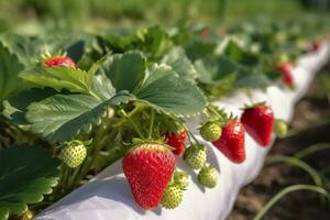 Bush of ripe organic strawberries in the garden. Berry closeup. Generative AI photo