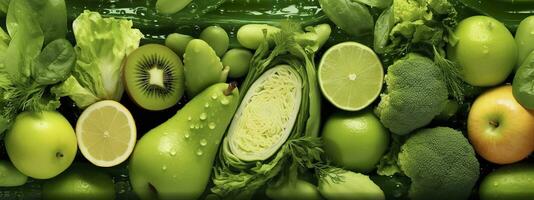 Banner layout of green fruits and vegetables. Generative AI. photo