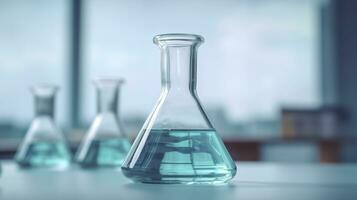 A Science Beaker in the laboratory on a table white and light blue background.. laboratory equipment out of focus. AI Generative photo