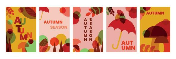 Autumn. Set of abstract cards with autumn background, leaves, umbrella, mushrooms and berries. Thanksgiving Day. vector