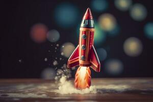 Toy rocket takes off business and finances success concept. AI Generative photo