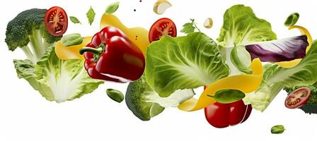 que cae verduras, ensalada de campana pimienta, tomate, y lechuga hojas. generativo ai foto