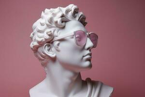 The head of a white mythological statue with fashionable pink glasses on his eyes, frame in profile. AI Generative photo