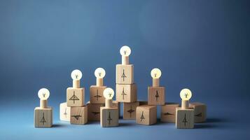 Many wooden cubes with people symbols and one with a lightbulb symbol on blue background. AI Generative photo