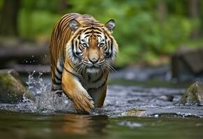 Amur tiger walking in the water. Dangerous animal.  Animal in a green forest stream. Generative AI photo