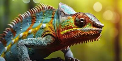 A colorful close up chameleon with a high crest on its head. Generative AI photo