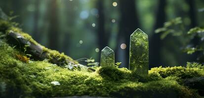 Crystals with moon phases image of moss in a mysterious forest, natural background. Generative AI photo