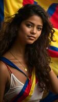 A beautiful girl is holding the flag of Colombia. Ai generated photo