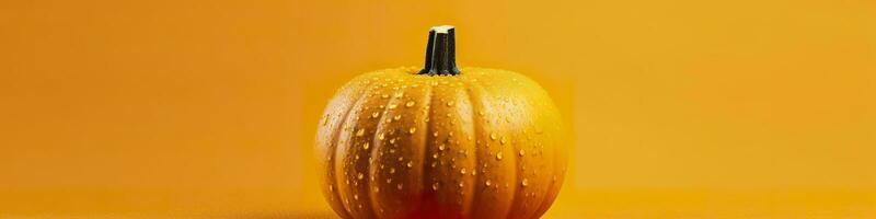 A pumpkin against a yellow background. Generative AI photo