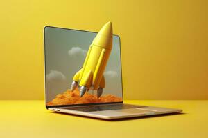 Launching a new product or service. Technology development process. Space rocket launch. 3d render. Yellow rocket lift up from the display laptop. AI Generative photo
