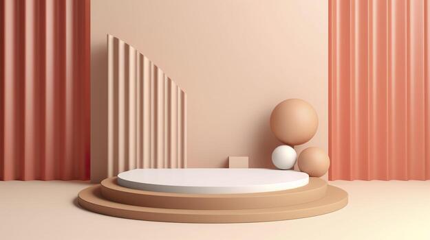Podium with a parametric background. Stage showcase on pedestal display, 3d rendering. AI Generative photo