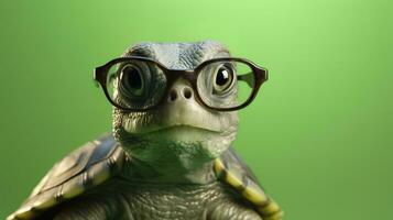 un linda pequeño verde Tortuga con anteojos, generar ai foto