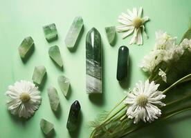 Crystal towers minerals set and white flowers on green abstract background. Generative AI photo