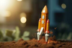 Toy rocket takes off business and finances success concept. AI Generative photo