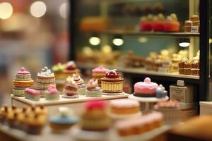 un gusto de dulzura. un popular mercado caja ciega pastel tienda con un limpiar antecedentes. ai generativo foto