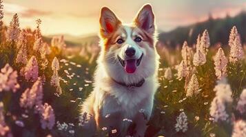 Charming corgi dog with flowers in the spring. Generative AI photo