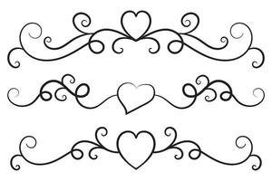 Filigree curly Calligraphic Heart, Fancy Line Flourishes Swirls hearts, curve romantic love separator, Valentines Day divider flourish Swirl, Calligraphy Flourish lettering header hearts scroll vector