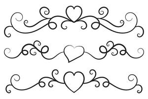 Filigree curly Calligraphic Heart, Fancy Line Flourishes Swirls hearts, curve romantic love separator, Valentines Day divider flourish Swirl, Calligraphy Flourish lettering header hearts scroll vector