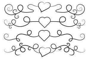 Filigree curly Calligraphic Heart, Fancy Line Flourishes Swirls hearts, curve romantic love separator, Valentines Day divider flourish Swirl, Calligraphy Flourish lettering header hearts scroll vector