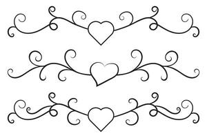 Filigree curly Calligraphic Heart, Fancy Line Flourishes Swirls hearts, curve romantic love separator, Valentines Day divider flourish Swirl, Calligraphy Flourish lettering header hearts scroll vector