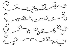 Filigree curly Calligraphic Heart, Fancy Line Flourishes Swirls hearts, curve romantic love separator, Valentines Day divider flourish Swirl, Calligraphy Flourish lettering header hearts scroll vector