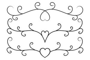 Filigree curly Calligraphic Heart, Fancy Line Flourishes Swirls hearts, curve romantic love separator, Valentines Day divider flourish Swirl, Calligraphy Flourish lettering header hearts scroll vector