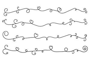 Filigree curly Calligraphic Heart, Fancy Line Flourishes Swirls hearts, curve romantic love separator, Valentines Day divider flourish Swirl, Calligraphy Flourish lettering header hearts scroll vector