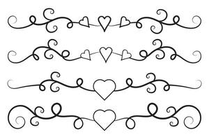 Filigree curly Calligraphic Heart, Fancy Line Flourishes Swirls hearts, curve romantic love separator, Valentines Day divider flourish Swirl, Calligraphy Flourish lettering header hearts scroll vector