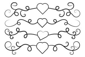 Filigree curly Calligraphic Heart, Fancy Line Flourishes Swirls hearts, curve romantic love separator, Valentines Day divider flourish Swirl, Calligraphy Flourish lettering header hearts scroll vector