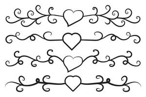 Filigree curly Calligraphic Heart, Fancy Line Flourishes Swirls hearts, curve romantic love separator, Valentines Day divider flourish Swirl, Calligraphy Flourish lettering header hearts scroll vector