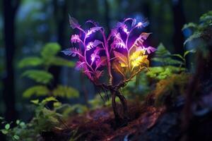 Glowing bioluminescent plant shaped like a human heart, in a mysterious forest. Generative AI photo