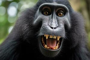 Celebes crested macaque with open mouth. Close up on the green natural background. Generative AI photo