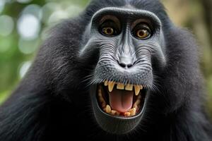 Celebes crested macaque with open mouth. Close up on the green natural background. Generative AI photo