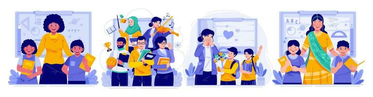 ilustración conjunto de contento profesores día. profesores y niños estudiantes. estudiantes y dando regalos y ramo de flores de flores a su profesor vector