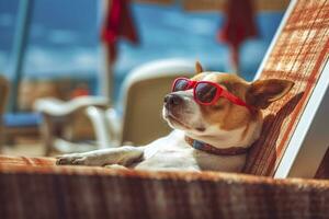 Dog Puppy wearing sunglasses, lying on a sunbed to sunbath at the beach sea on summer vacation, holidays. Funny concept. AI Generative photo