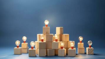 Many wooden cubes with people symbols and one with a lightbulb symbol on blue background. AI Generative photo