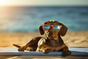 Dog Puppy wearing sunglasses, lying on a sunbed to sunbath at the beach sea on summer vacation, holidays. Funny concept. AI Generative photo