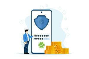 Concept of personal data protection and secure login process. Protection of profiles and accounts on the internet. business man ensures device security on mobile phone screen. User application. vector