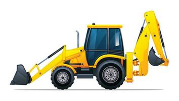 Backhoe loader side view vector illustration. Heavy machinery construction vehicle isolated on white background