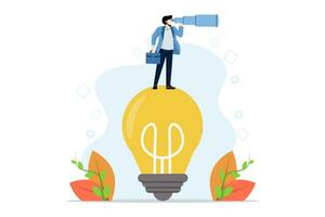 Visionaries sit on giant light bulbs and look through binoculars looking for funding or venture money. financing search, landing page template. Startups need funding for launch, business development. vector