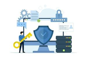 Cyber security vector illustration concept with characters. Data security, protected access control, privacy data protection. Data encryption. Cybersecurity and privacy. flat vector illustration.