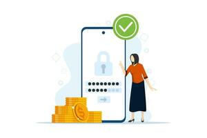 Concept of personal data protection and secure login process. Protection of profiles and accounts on the internet. Business woman ensuring device security on mobile phone screen. User application. vector