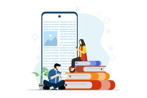 character is reading a textbook on a smartphone. Ebook page on phone screen. Students sitting on piles of books. Female character studying online. Concept of e-learning, education. Vector illustration