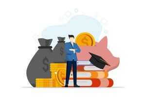 Education and investment concept with characters, money, books, hats and cash coins. Businessman studying success and finance courses. Student loans, scholarships, savings for studies metaphor. vector