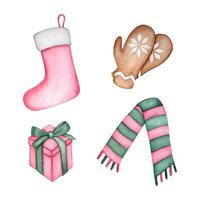 Hand drawn watercolor winter holidays set. Watercolor Christmas sock, present, scarf and warm gloves. vector