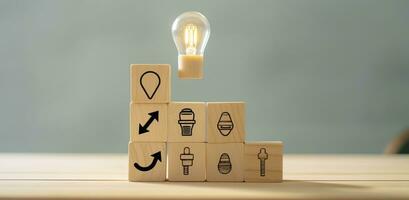 Creative idea, solution and innovation concept. Idea generation for business development. Wooden cube blocks with light bulb and cycle icons on clean background and copy space. AI Generative photo