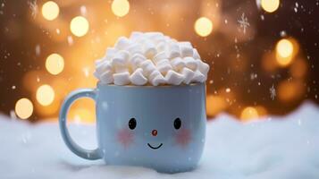 Christmas Mug with marshmallow on blurred background with bokeh effect. AI Generated. photo