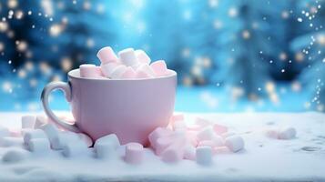 Christmas Mug with marshmallow on blurred background with bokeh effect. AI Generated. photo