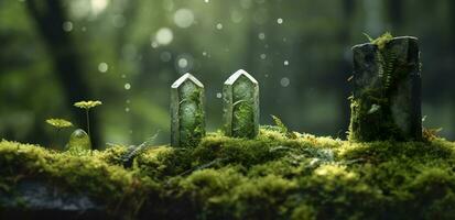 Crystals with moon phases image of moss in a mysterious forest, natural background. Generative AI photo